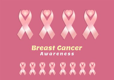 Metin meme kanseri farkındalığı, gerçekçi pembe kurdele, bir grup pembe renk kurdelesi göğüs kanseri farkındalığı sembolü, vektör illüstrasyonu.