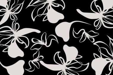 Modern siyah ve beyaz çiçek desenli tekstil. El çizimi basit, soyut çiçekler, siyah ve beyaz bir ton. Moda kolaj deseni