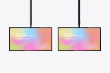 Gerçekçi ekran ışığı kutusunda asılı iki LED ekran modeli. Tasarım için boş alanı olan aydınlatılmış bir ışık kutusu