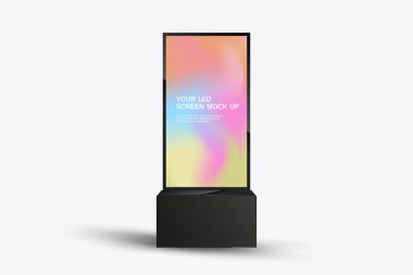 Gerçekçi ekran ışığı kutusunun 3 boyutlu LED ekran modeli. LED ekran maketi beyaz arkaplanda parlak, siyah bir çerçeve ile renkli üzerine