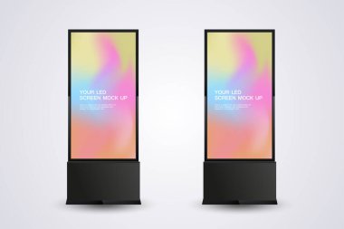 Gerçekçi bir LED model ekran belirgin bir gradyan arkaplan göstermektedir. LCD ekran, parlak siyah çerçevelerle ortaya yerleştirilir