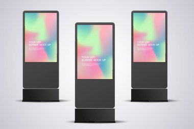 Gerçekçi ekran ışığı kutusundaki 3 boyutlu LED ekran modeli açık hava işareti vektör tasarımı için. Üç 3D LED vektör koleksiyonu Aydınlatılmış ışık kutusu