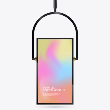 Gerçekçi Asılı LED Ekran Model 3D. LED ekran ışığı kutusu. Tasarım için boş alanı olan aydınlatılmış ışık kutusu. Restoran, otel, gece kulübü logosu sunumu.