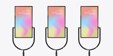 Üç Gerçekçi Asılı LED Ekran Modifiye 3 boyutlu set. LED ekran ışığı kutusu. Tasarım için boş alanı olan aydınlatılmış ışık kutusu. Restoran, otel.