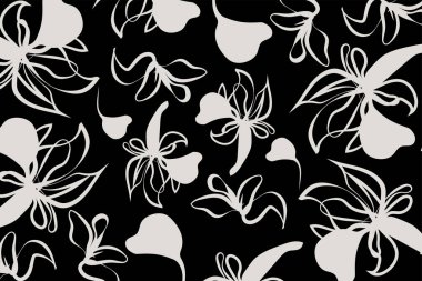  Tek renkli çiçek deseni yumuşak beyaz soyut çiçeklerin siyah arka planda keskin bir kontrastı. Bu çarpıcı bir görsel etki tasarımı yaratır