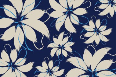 Yumuşak beyaz ve mavi çiçekli bir el, vektör olarak giysi ve moda tarzında kullanılan tekstil çiziyor. Çiçek desenli tekstil vektörü.