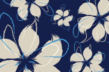 Çiçekler derin bir lacivert arka plana göre dizilmiş. Kusursuz el çizimi kalıpları. yumuşak mavi ve gri çiçekli tekstil vektör tasarımı