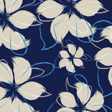 Modern mavi tekstil tasarımı, el çizim kalıplarının vektörü. Çiçekli tropikal renkli çiçekler ve küçük izler ve düzenlemeler.
