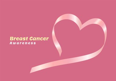 Göğüs kanseri farkındalığı sembolü, vektör illüstrasyonu ve yazılı göğüs kanseri farkındalığıyla Kalp Kurdelesi, gerçekçi pembe kurdele tasarımı