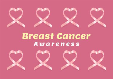 Göğüs kanseri farkındalığı kavramları için metin standı olan Pembe Kalp kurdeleleri. Bir Göğüs Kanseri Farkındalığı Ay Sancak vektörü, illüstrasyon tasarımı