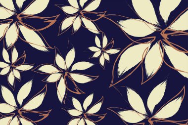 Mavi arkaplan vektöründe koyu, pürüzsüz çiçek desenli, stilize krem rengi çiçeklerden oluşan bir el çizimi.