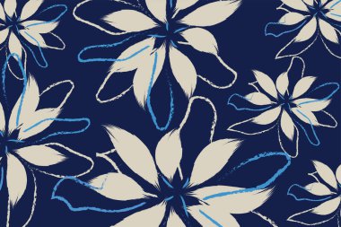 Çiçekler koyu, mavi ve beyaz çizgilerle çizilmiş, tasarımı ve yeşil arka planda soyut izin veren vektör deseni ile çizilmiştir.