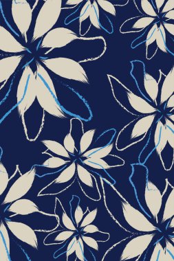 Çiçekler kalın, mavi ve beyaz çizgilerle özetlenmiştir, tasarımı verir, ve lacivert arkaplan ve stilize krem renkli çiçeklere sahip çiçek desenli