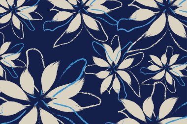 Çiçek desenli, lacivert bir arka plan ve krem rengi çiçekler. Çiçekler kalın, mavi ve beyaz çizgilerle çizilmiş.