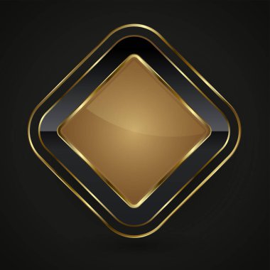 Lüks bir dikdörtgen, çerçeve vektör illüstrasyonlu siyah ve altın düğme. ve boş etiket, amblem, madalya ya da rozet için 3D parlak zarif tasarım, parlak ve gradyan ışık efekti