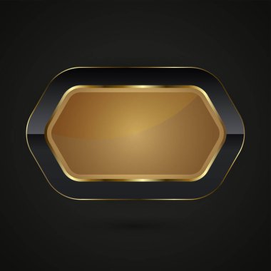 Dikdörtgen siyah ve altın bir düğme. Ortasında altın, metalik bir parıltı olan lüks Altıgen şekilli bir tasarım.