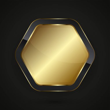 Altıgen prim biçimli, altın gradyan rengi olan siyah ve altın düğmeli bir vektör tasarımı, merkezdeki lüks düğmede metalik bir parıltı.
