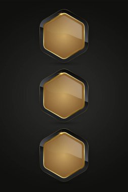 Altın işlemeli ve siyah düğmeli üç lüks altıgen seti, üç premium web düğmeleri vektör grafik tasarımı