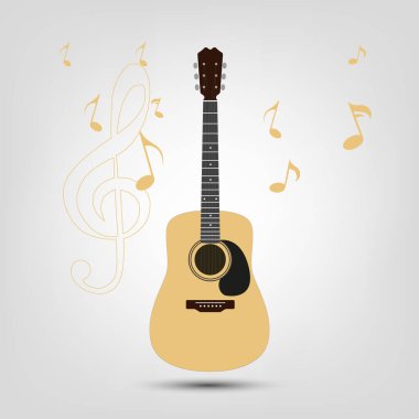 Beyaz arkaplanda müzik ikonları, sarı ahşap gitar müzik elementleri bulunan bir vektör akustik gitar şarkıcı, marka, sahne, konser ve müzik için kullanılır.