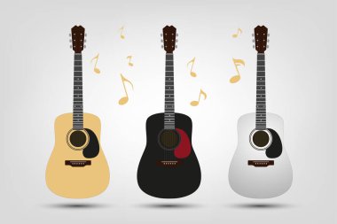 Beyaz arkaplanda müzik ikonları bulunan üç vektör akustik gitar seti, şarkıcılar için üç akustik gitar koleksiyonu kullanılmaktadır.