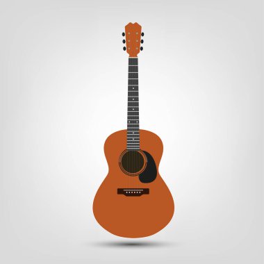 Beyaz zemin üzerinde bir vektör akustik gitar simgeleri, şarkıcı, marka, sahne, konser ve müzik çalma tarzı için bir müzikal gitar ögesi kullanılır.