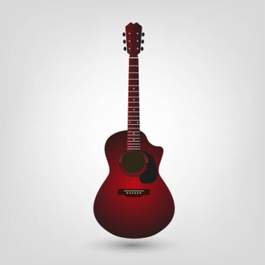 Beyaz zemin üzerinde altı telli kırmızı bir gitar akustik tahta ikonu. Kırmızı renkli bir müzikal gitar sembolü şarkıcı, müzik markası ve aşamalar için kullanılır..
