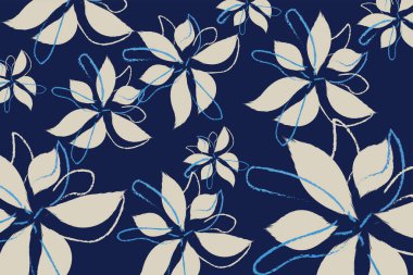 Gömlek, kıyafet ve moda için tropikal model Vektör İllüstrasyon tasarımı. Kusursuz bir mavi tekstil sanatı, kusursuz bir soyut el çizimi tarzı arka plan