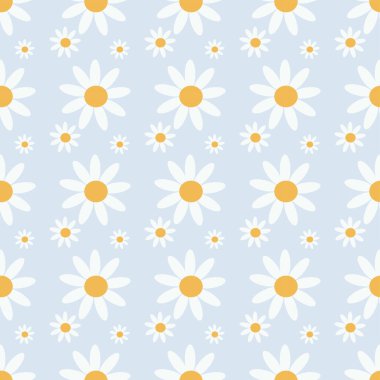 Papatya çiçekleri ve çayırı olan kusursuz bir tekstil. Mavi ve mor arkaplan vektör illüstrasyonunda elde çizilmiş papatya çiçeğiyle kusursuz desenler