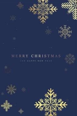 Mavi arka planda altın kar taneleri. Mutlu Noeller ve tebrik kartı için Mutlu Yıllar mesajı olan zarif kar. Bir kar taneleri premium bayrak tasarımı