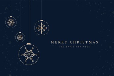 Birinci sınıf kar taneleri koyu mavi arka plandaki elementleri parçalar. Üç lüks Noel balosu küçük kar taneleriyle aşağı sarkıyor.