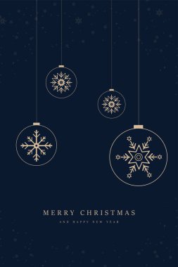 Lüks Noel tebrik kartı, altın Noel balosu ve koyu mavi arka planda altın kar taneleri. Birinci sınıf Noel balosu küçük kar taneleriyle, vektörle aşağı sarkıyor..