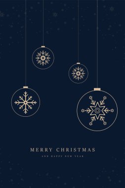 Lüks Noel tebrik kartı, altın Noel balosu ve koyu mavi arka planda altın kar taneleri. Birinci sınıf Noel balosu küçük kar taneleriyle, vektörle aşağı sarkıyor..