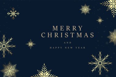 Birinci sınıf Noel konseptleri, Noel için lüks kartpostal çerçevesi, Mutlu Yıllar vektör tasarımı koyu mavi arka planda altın kar taneleri.