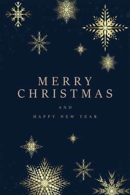 Noel için lüks kartpostal çerçevesi, Mutlu yıllar vektör tasarımı. Birinci sınıf Noel konseptleri, koyu mavi arka planda altın kar taneleri.