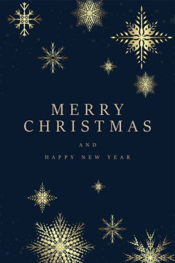 Noel için lüks kartpostal çerçevesi, Mutlu yıllar vektör tasarımı. Birinci sınıf Noel konseptleri, koyu mavi arka planda altın kar taneleri.