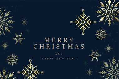 A gold snow flakes on dark blue background. Luxury snow flakes frame for Christmas and New Year with small snow flakes, vector illustration, Happy New Year banner with premium frame clipart