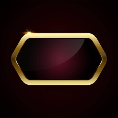 Kırmızı arka planda izole edilmiş altın dikdörtgen düğmeli lüks bir kırmızı plaka. Parlak kırmızı altın metalik şekil. 3B gerçekçi vektör parlak simgesi