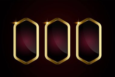 Kırmızı arka planda izole edilmiş üç adet lüks kırmızı tabaka altın dikdörtgen düğme. Parlak kırmızı metalik şekilli 3 kişilik bir grup. 3B gerçekçi vektör parlak simgeleri.