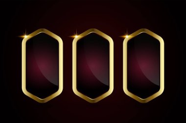 Kırmızı arka planda izole edilmiş üç adet lüks kırmızı tabaka altın dikdörtgen düğme. Parlak kırmızı metalik şekilli 3 kişilik bir grup. 3B gerçekçi vektör parlak simgeleri.