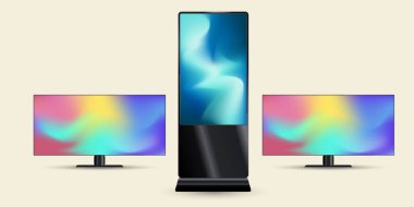 Üç farklı modern düz ekran monitör seti ya da TV, minimalist siyah çerçeveli ve ayakta duran parlak bir ekran ile taklit edilir. Üç görüntü renk vektörü ve illüstrasyonunun canlı bir gradyanını gösterir.