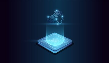 Yüksek teknoloji sanatsal zeka konsept vektör illüstrasyonu. Teknoloji vektöründe hafif başlı yapay zeka çipi. Bir dijital beyin vektörü, illüstrasyon.