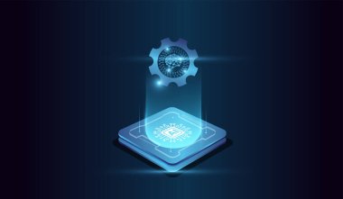 Merkezdeki mikroçip hesaplama gücünü temsil ediyor. Üste parlayan bir mikroçip ile holografik vektör yayıyor..