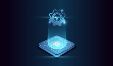 Merkezdeki mikroçip hesaplama gücünü temsil ediyor. Yapay zekanın fütüristik temsili ile, üsteki parlayan bir mikroçip holografik bir görüntü yayıyor.