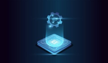 Merkezdeki mikroçip hesaplama gücünü temsil ediyor. Üste parlayan bir mikroçip ile holografik vektör yayıyor..