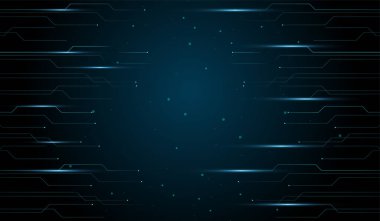 Karanlık bir arka plan vektörü, illüstrasyon tasarımı üzerinde parlayan mavi devre benzeri çizgileri olan soyut teknoloji fütüristik tasarımı