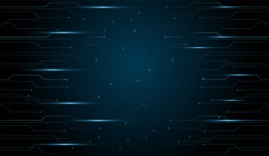 Soyut teknoloji fütüristik tasarım. Koyu arkaplan vektör tasarımında parlayan mavi devre benzeri çizgiler.