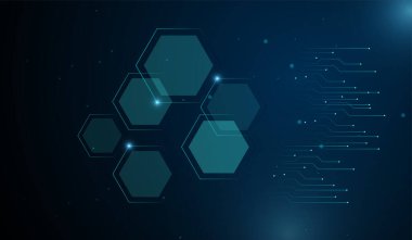 Soyut teknoloji çokgenleri koyu arkaplandaki zarif mavi ışık çizgilerini ışık efektiyle şekillendirir ve teknoloji konsepti için ışıldar. Vektör illüstrasyonu