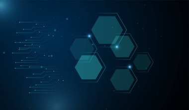 Soyut çokgenlerin teknolojisi, karanlık arka planda ışık efekti ve teknoloji konsepti için parıldayan zarif mavi ışık çizgilerini şekillendirir. Vektör illüstrasyonu