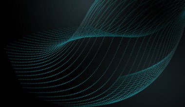 Küçük, ışıldayan noktalardan oluşan dalgalı bir yapı. Karanlık bir arka planda fütüristik ve dinamik bir soyut tasarım yaratıyor. Vektör yanılsama tasarımı.