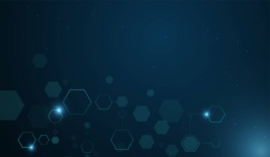 Birbirine bağlı bir dizi altıgen, neon mavisi parlaklığa sahip modern, yüksek teknolojili bir estetik yaratıyor, veri ağlarını, yapay zekayı ve buluşları temsil ediyor..